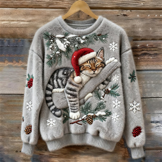 Comfortable Cat Print Sweater for Women with Crew Neck Long Sleeve Embroidered Snowflake Oversized Knit Style
