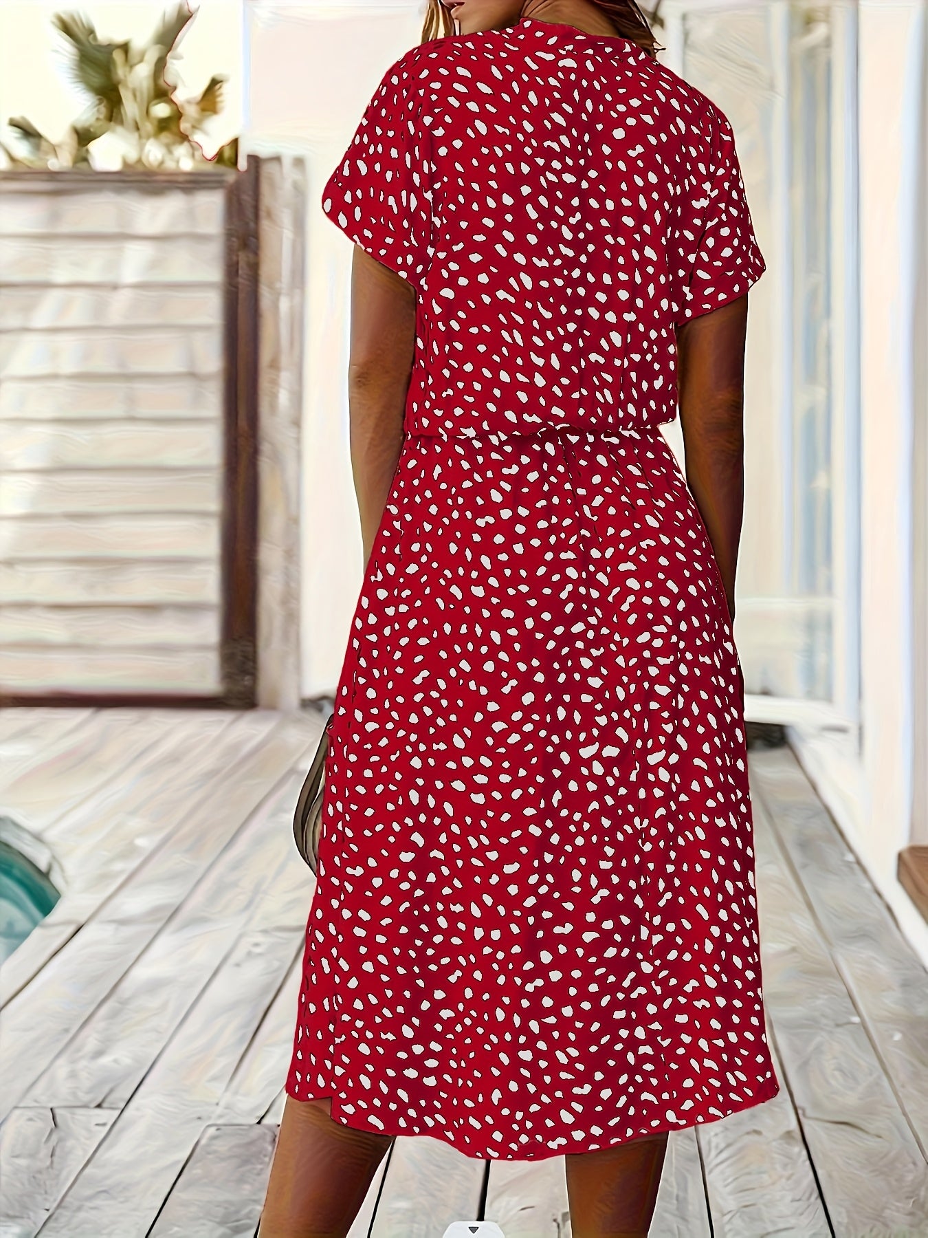 Effortless Multicolor Polka Dot Midi Dress for Women with Collar Short Sleeve Button Front Drawstring Waist Casual Style