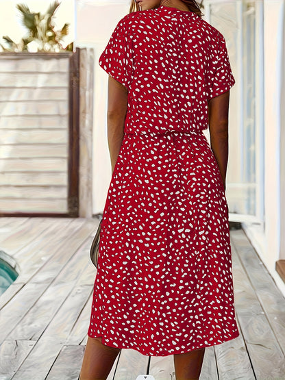 Effortless Multicolor Polka Dot Midi Dress for Women with Collar Short Sleeve Button Front Drawstring Waist Casual Style