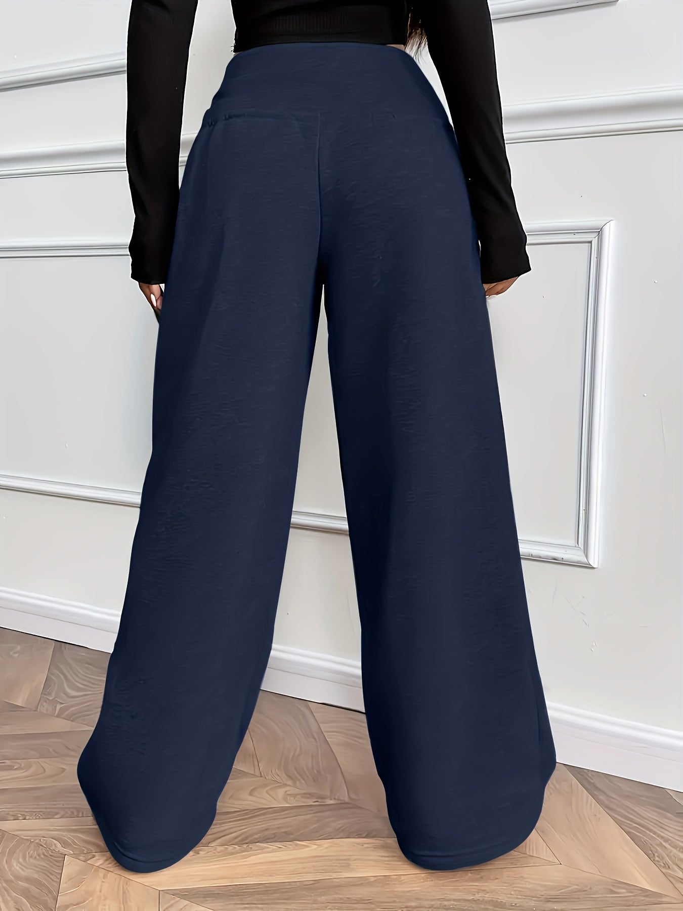 Women'S Fall Winter Solid Color Fleece Wide Leg Pants Elastic Drawstring Loose Trousers
