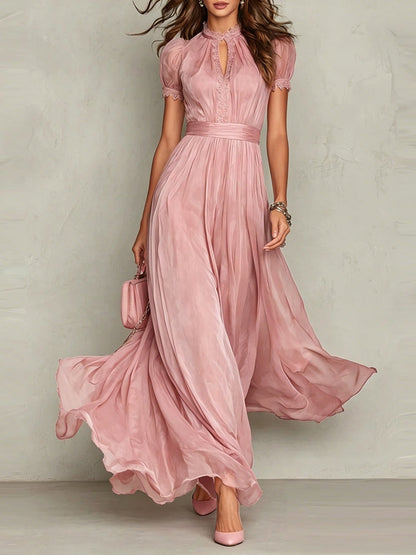 Elegant Ombre Chiffon Maxi Dress for Women with High Neck Puff Sleeve Keyhole Lace Trim Flowing Style