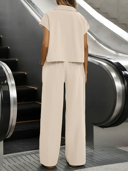 Effortless Utility Wide Leg Set for Women with Collar Cap Sleeve Cargo Pocket Two Piece Style