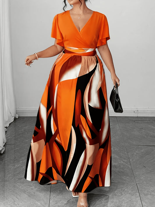 Plus Size - Plus Size - Plus Size Curvy Women'S Casual Vacation Orange Blue Irregular Geometric Pattern Print Short-Sleeved Dress, Bohemian Maxi Dress, Colorful, Stylish And Elegant, High-End Series, Designed for Curvy Women