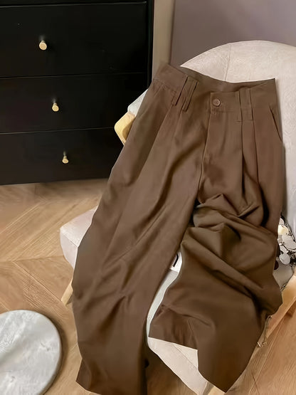 Elegant Wide Leg Trousers for Women with High Waist Button Front Pleated Tailored Style
