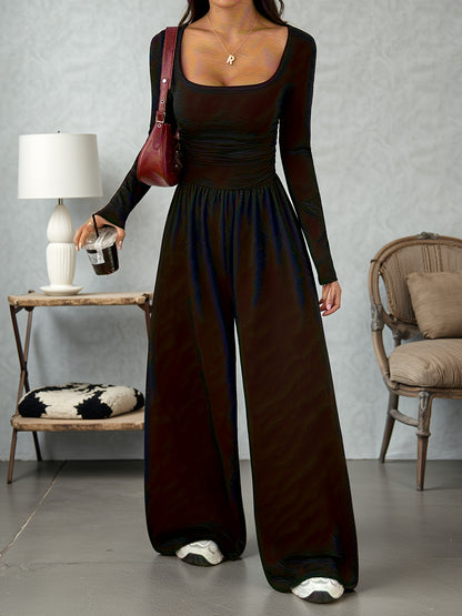 Women's Classic Casual Solid Color Square Neck Long Sleeve Jumpsuit