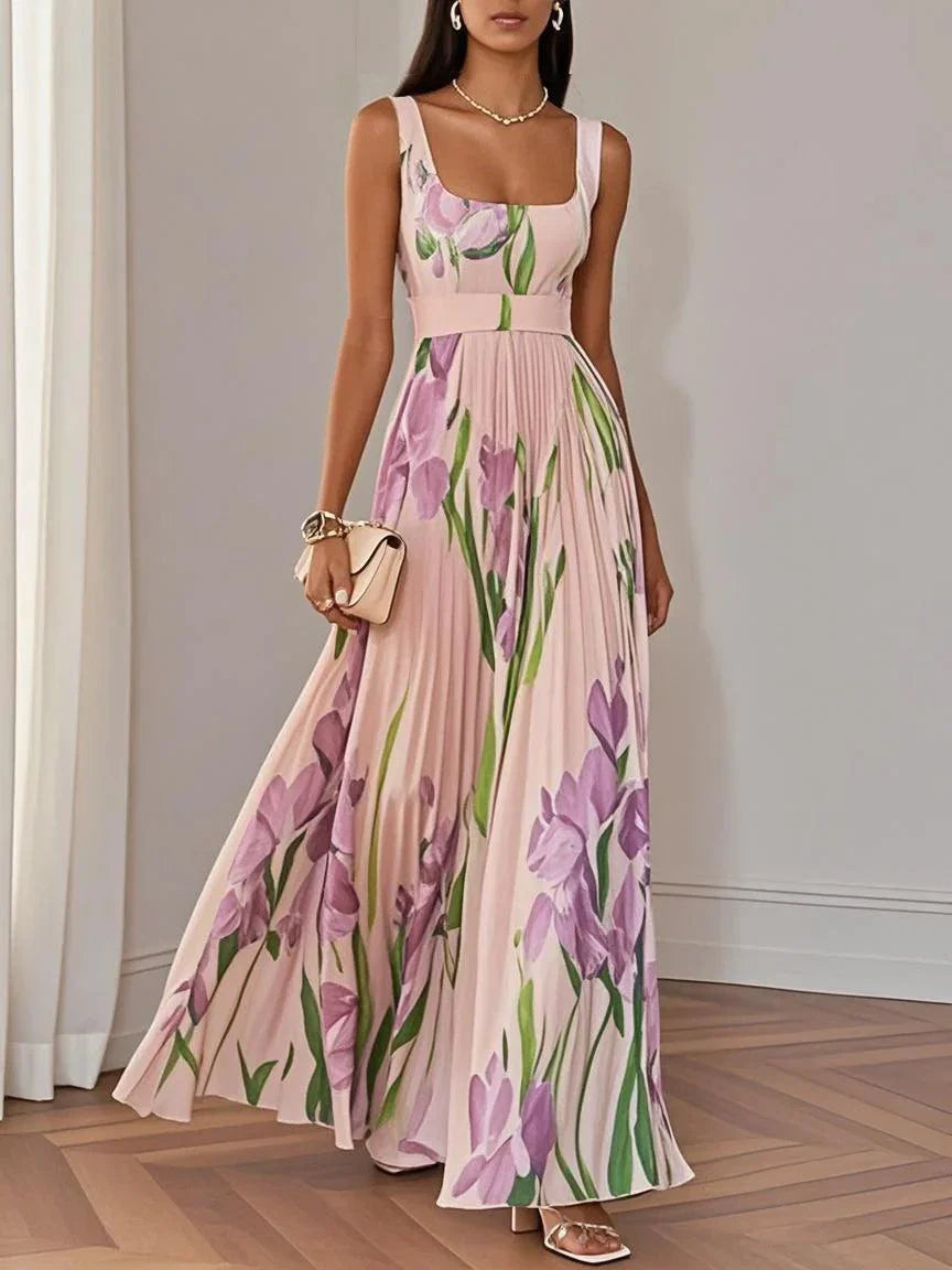 Elegant Floral Maxi Dress for Women with Square Neck Sleeveless Belted Pleated Flowing Style