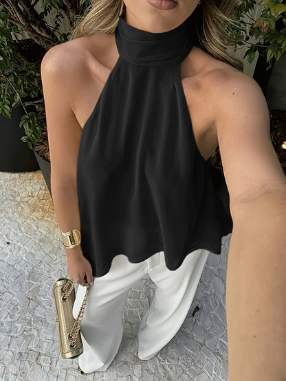 Effortless Chiffon Halter Blouse for Women with High Neck Sleeveless Asymmetric Hem Flowing Style