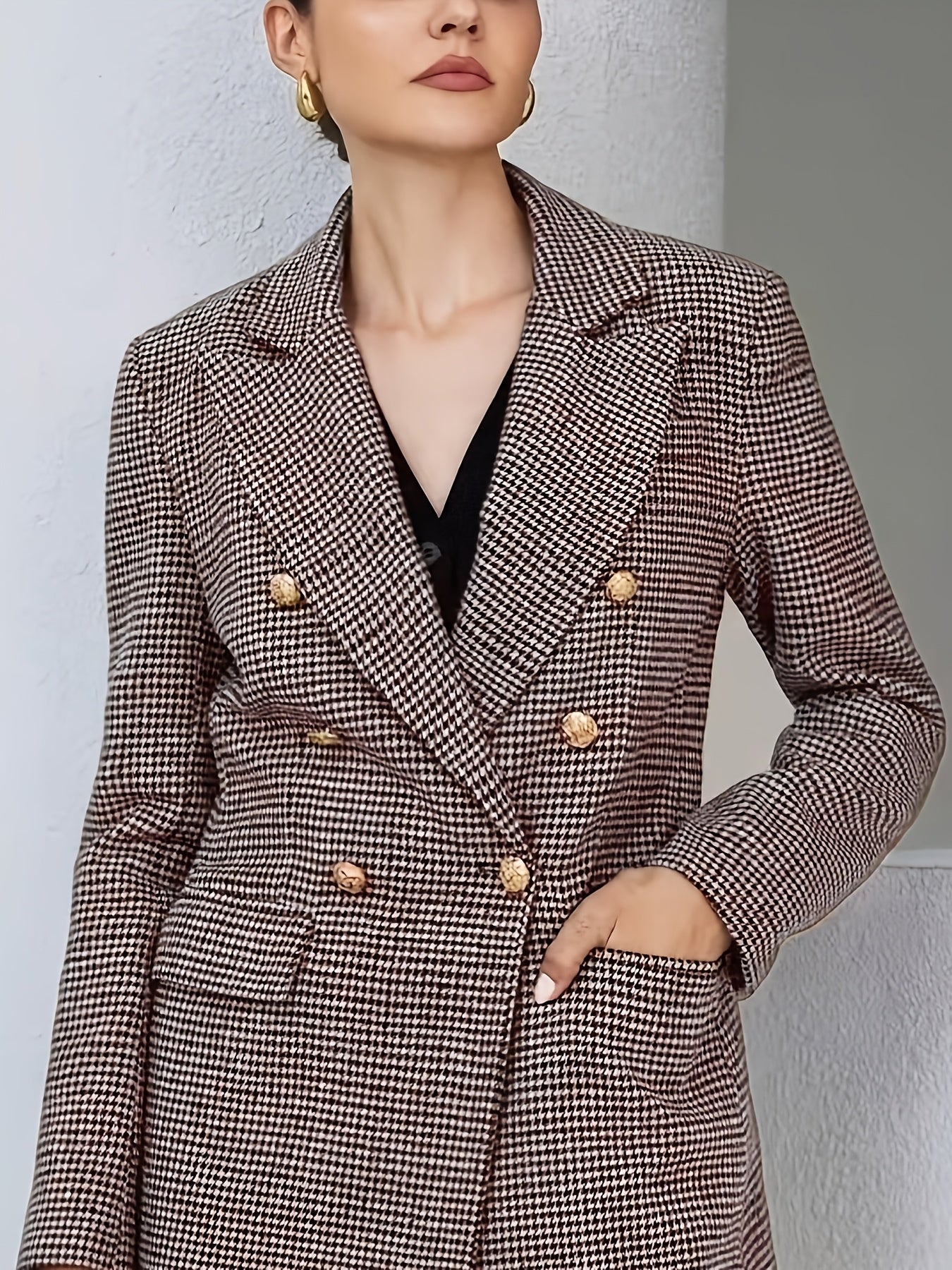 Elegant Coffee Brown Houndstooth Three Piece Set for Women with Notch Lapel Double Breasted Blazer Vest Shorts Formal Style