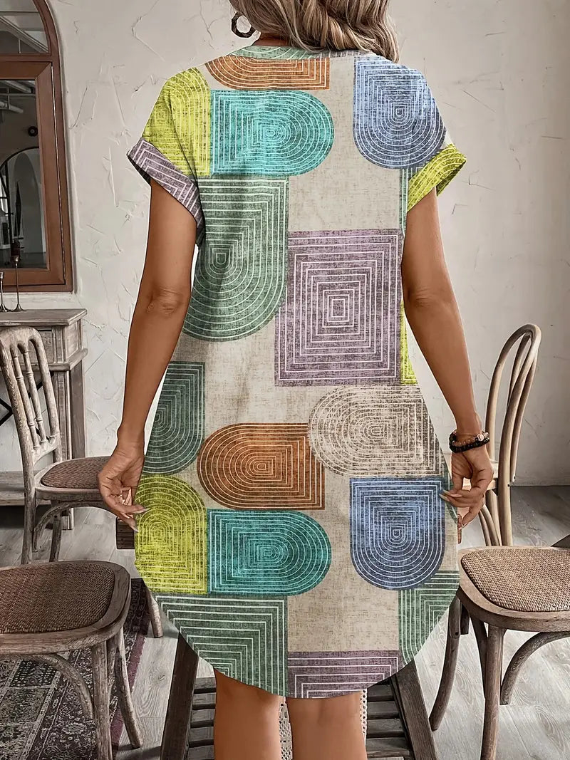 Effortless Multicolor Geometric Print Shirt Dress for Women with Collar Short Sleeve Button Front Boho Style
