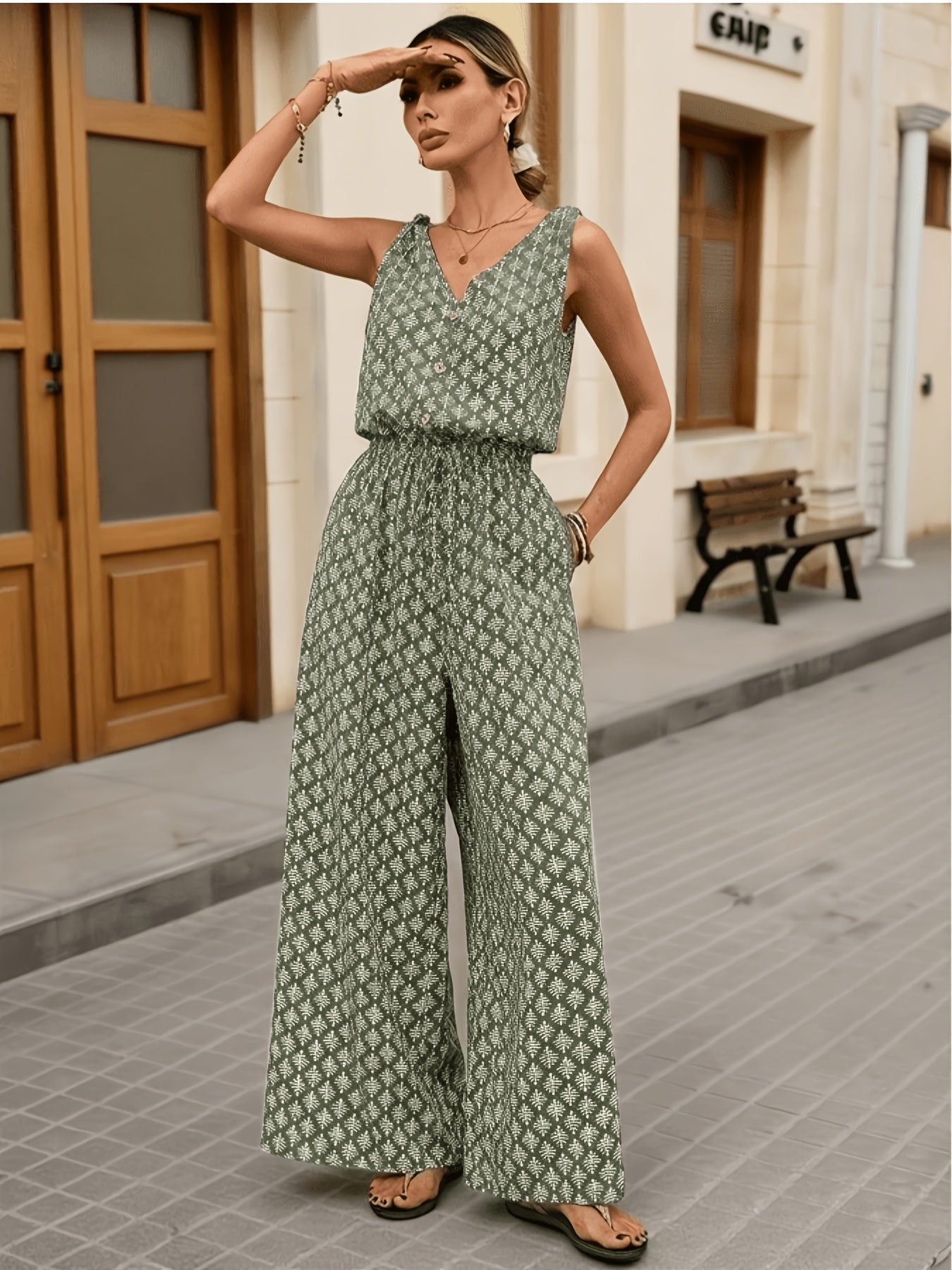 Women's Casual Wide-Leg Jumpsuit, Printed Sleeveless V-Neck Long Jumpsuit with Pockets and Buttons, Summer Jumpsuit, Women's Casual Jumpsuit, Sleeveless Jumpsuit, Women's Jumpsuit, Green, Apricot, Women's Jumpsuit