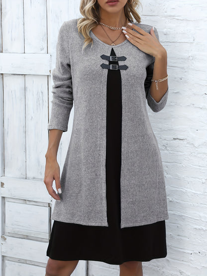 Comfortable Ribbed Knit Sweater Dress for Women with Round Neck Long Sleeve Buckle Detail Layered Style