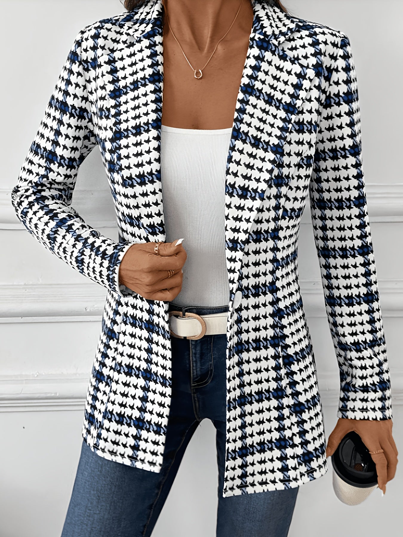 Elegant Black and Blue Houndstooth Blazer for Women with Notched Collar Long Sleeve Tailored Single Button Casual Style