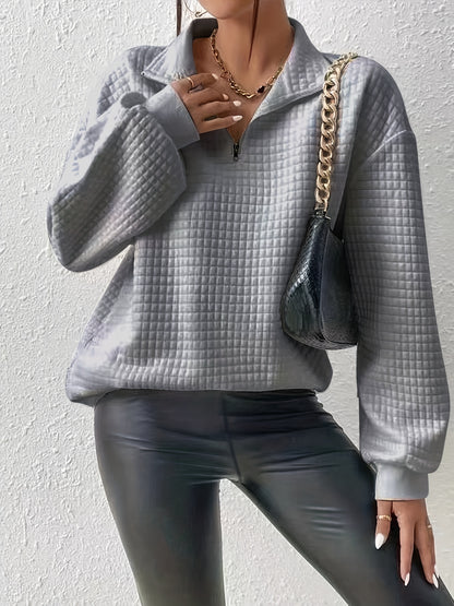 Comfortable and Loose Waffle Solid Standing Neck Zipper Long Sleeve Panel Women's Sweater