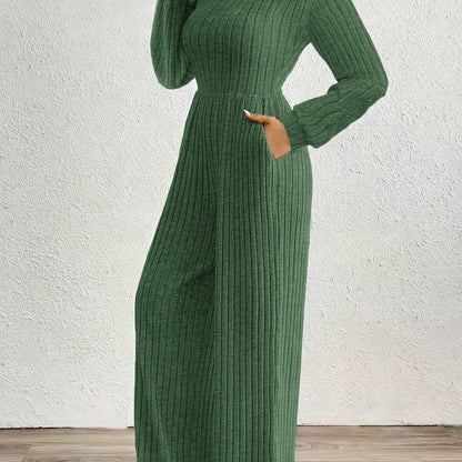 Comfortable Ribbed Knit Wide Leg Jumpsuit for Women with High Neck Long Sleeve Relaxed Pocket Style