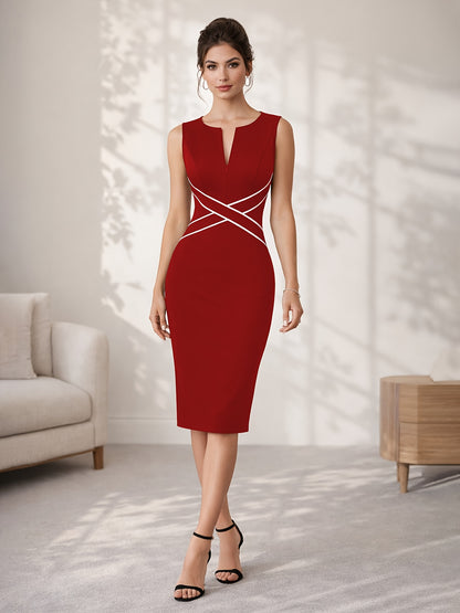 Elegant Sheath Midi Dress for Women with Split Neck Sleeveless Crossover Waist Bodycon Cocktail Style