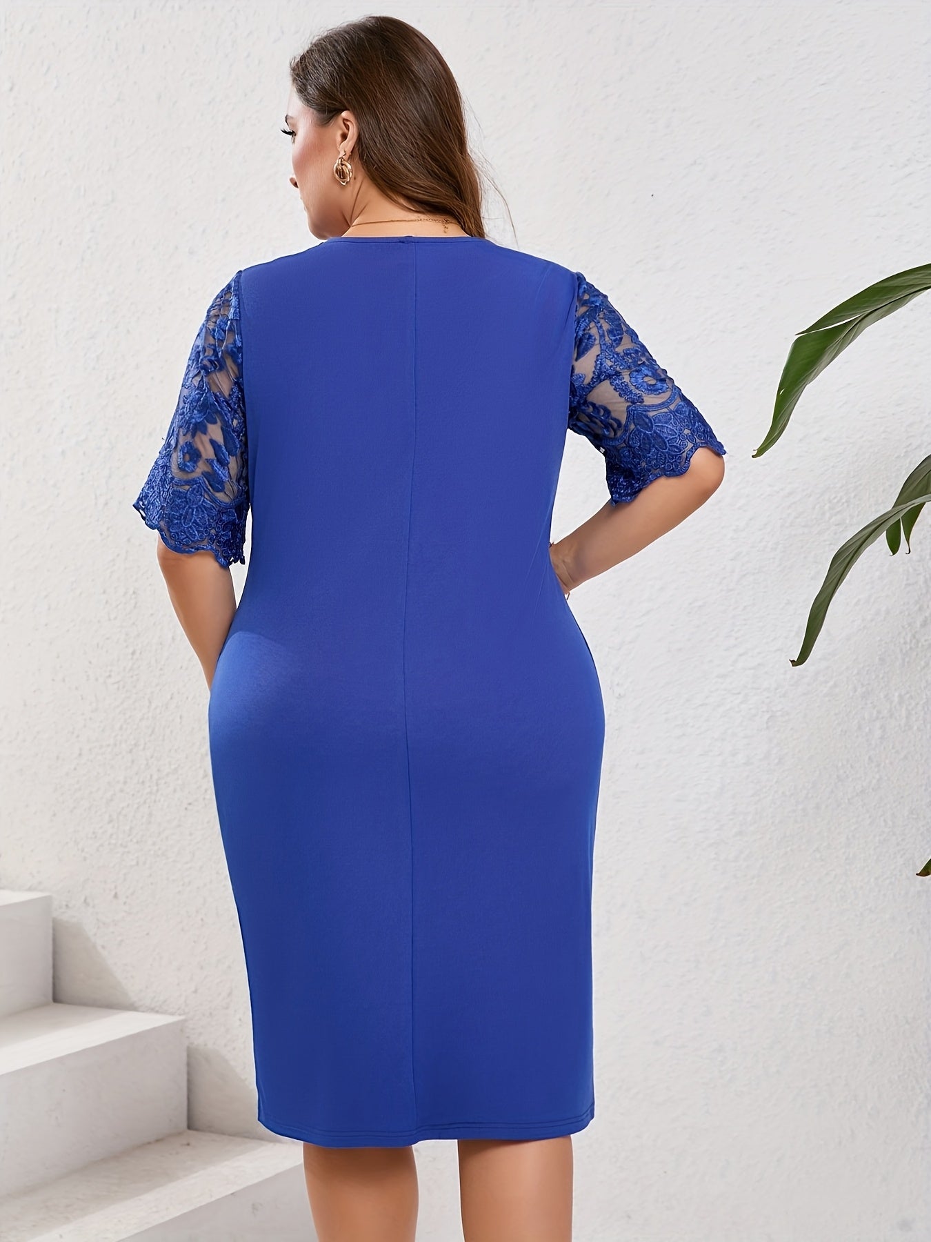 Elegant Embroidered Lace Midi Dress for Women with Round Neck Half Sleeve Bodycon Cocktail Style