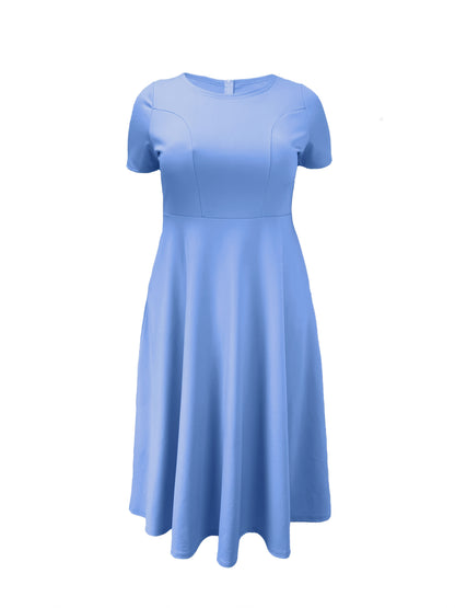 Plus Size - Plus Size - TB6513 Solid Waist-Defining Elegant Fashion Short Sleeve Dress