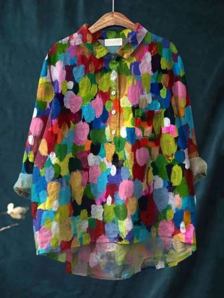 Effortless Floral Linen Blouse for Women with Collar Long Sleeve Button Front High Low Hem Style