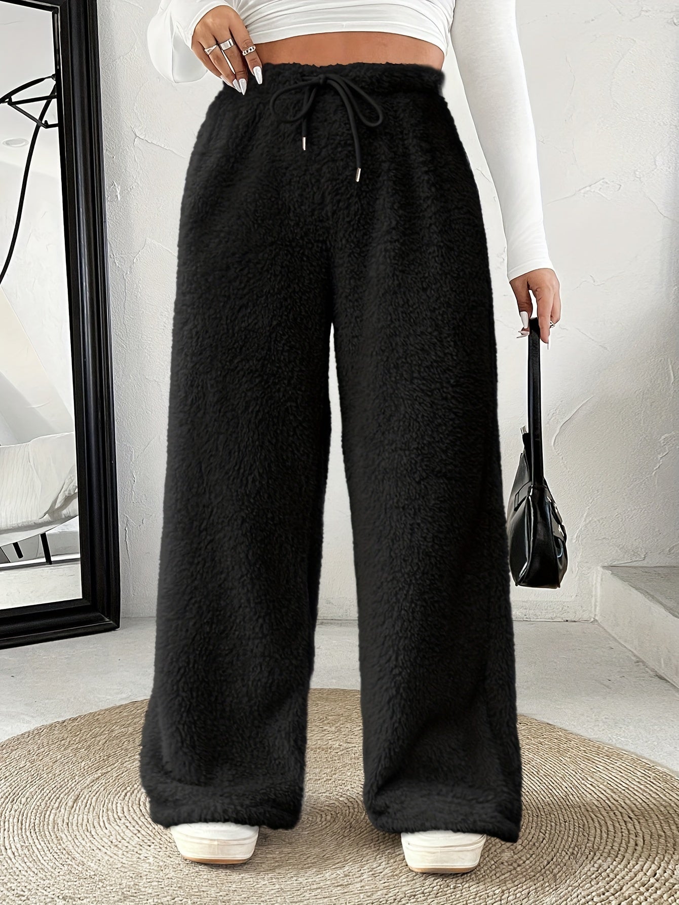 Plus Size -Adult Plus Size Clothing Autumn Winter Casual Reversible Plush Thick Warm Waistband Drawstring Loose Drape Wide Leg Pants