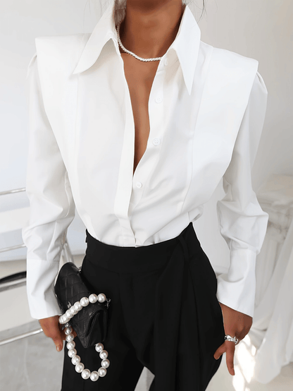 Elegant Structured Blouse for Women with Point Collar Long Sleeve Puff Shoulder Button Front Casual Style