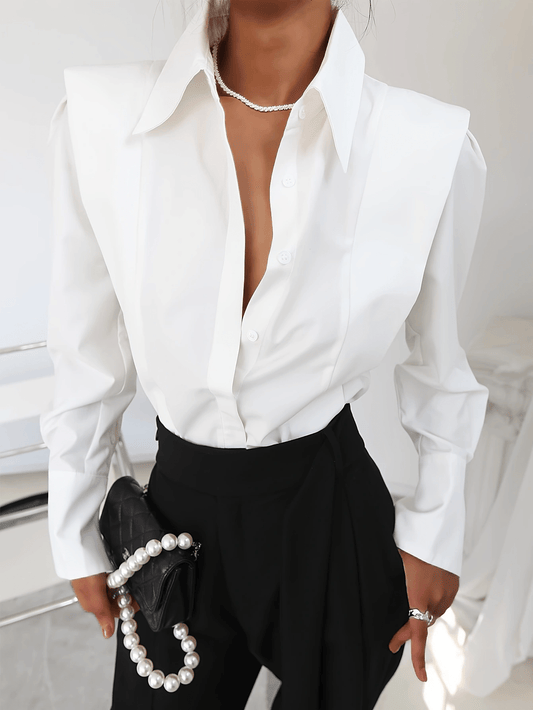 Elegant Structured Blouse for Women with Point Collar Long Sleeve Puff Shoulder Button Front Casual Style
