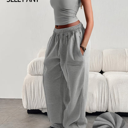 Effortless Fleece Wide Leg Sweatpants for Women with High Waist Elastic Side Pocket Relaxed Casual Style