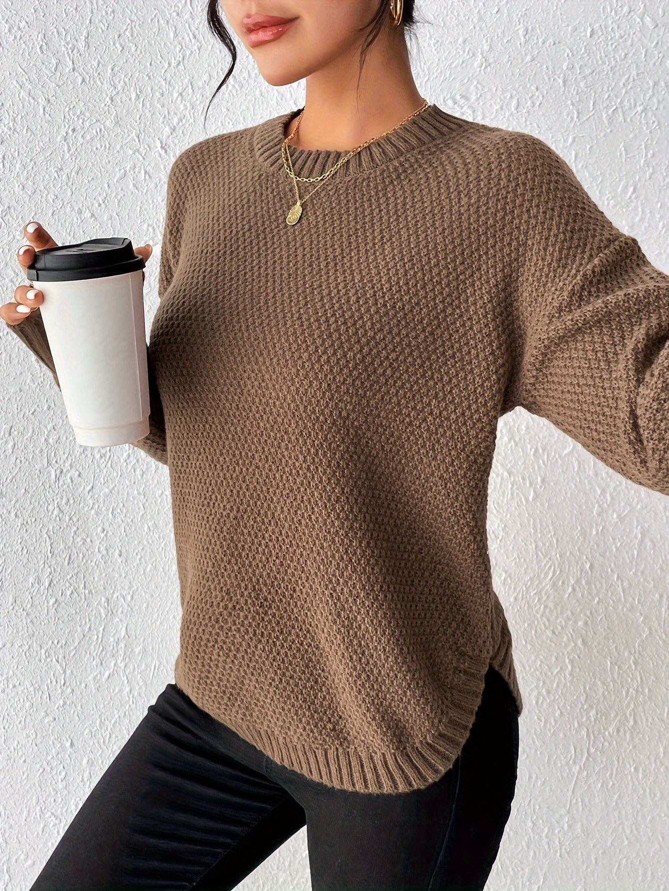 New Women's Solid Color Round Neck Pullover Sweater, Loose-Fit Simple Versatile Long Sleeve Pullover Sweater, Women's Sweater Top
