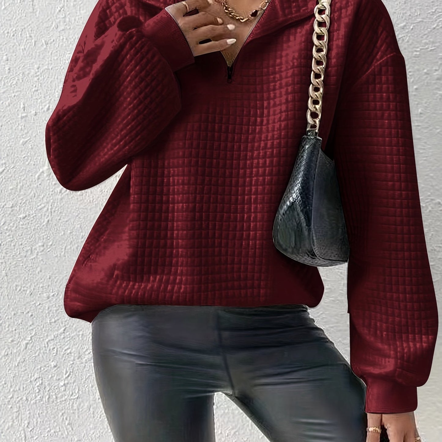 Comfortable and Loose Waffle Solid Standing Neck Zipper Long Sleeve Panel Women's Sweater