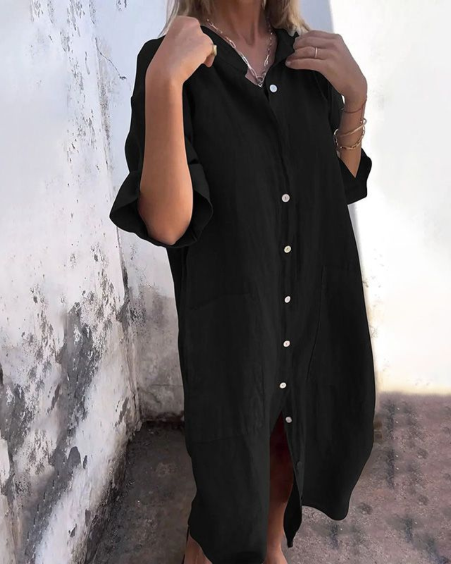 Effortless Linen Shirt Dress for Women with Collar Half Sleeve Button Front Relaxed Style