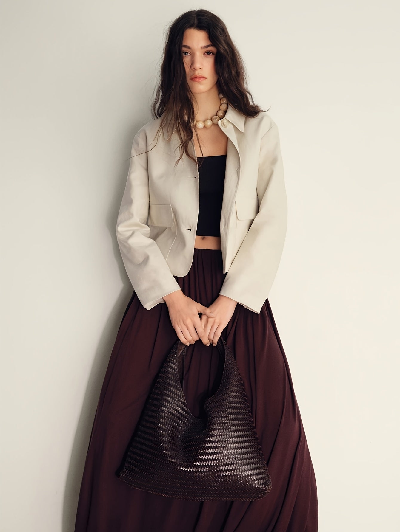 Elegant Apricot Wide Leg Set for Women with Collar Long Sleeve Button Front Two Piece Style