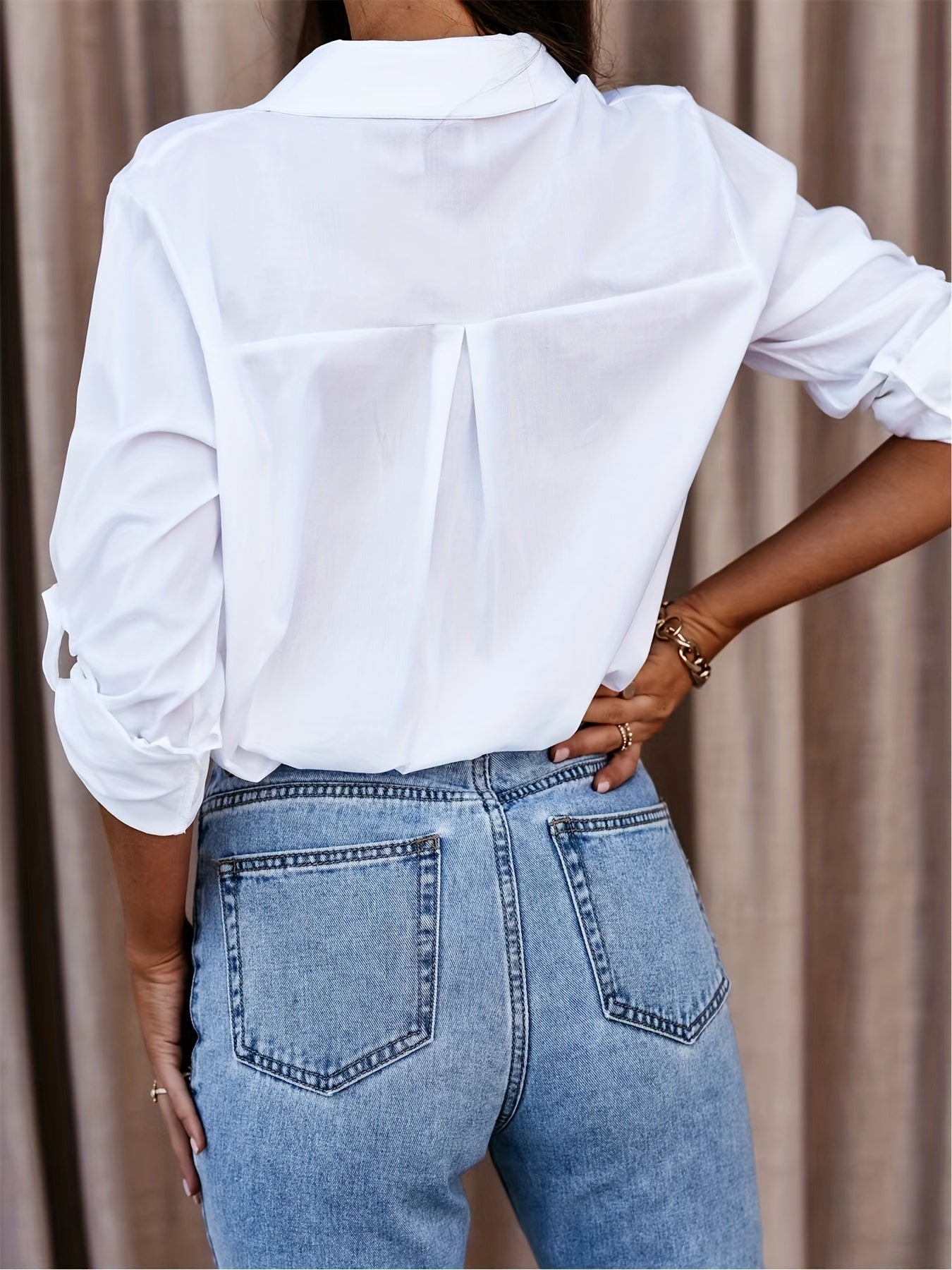 Effortless White Cotton Blouse for Women with Collar Elbow Sleeve Relaxed Oversized Style