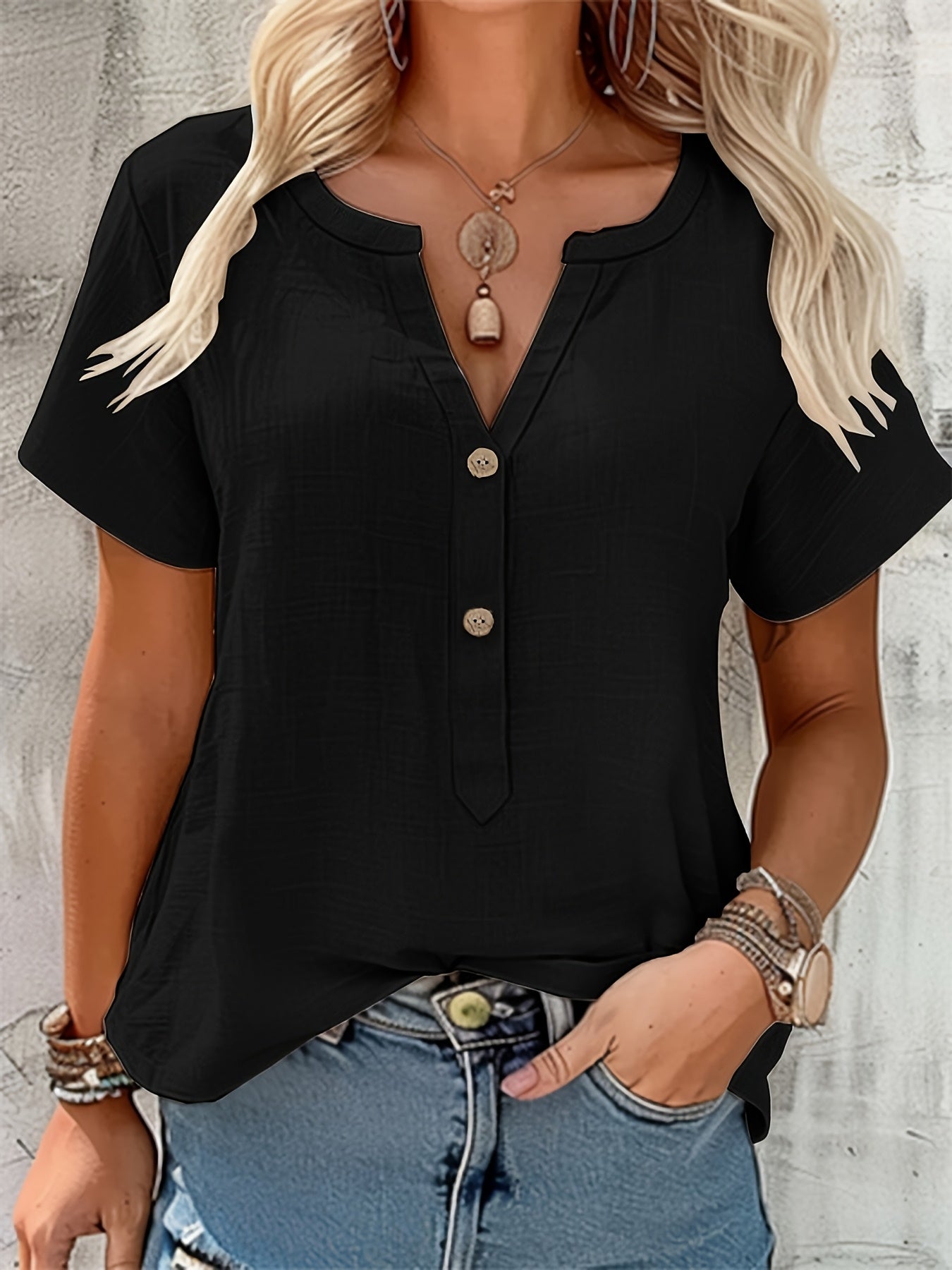 Effortless Textured Blouse for Women with Notch V Neck Short Sleeve Button Front Relaxed Style