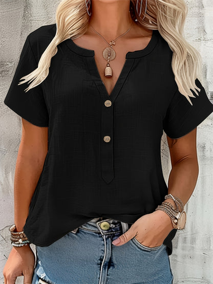 Effortless Textured Blouse for Women with Notch V Neck Short Sleeve Button Front Relaxed Style