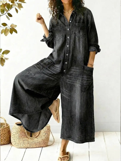 Effortless Denim Jumpsuit for Women with Collar Long Sleeve Button Front Wide Leg Style