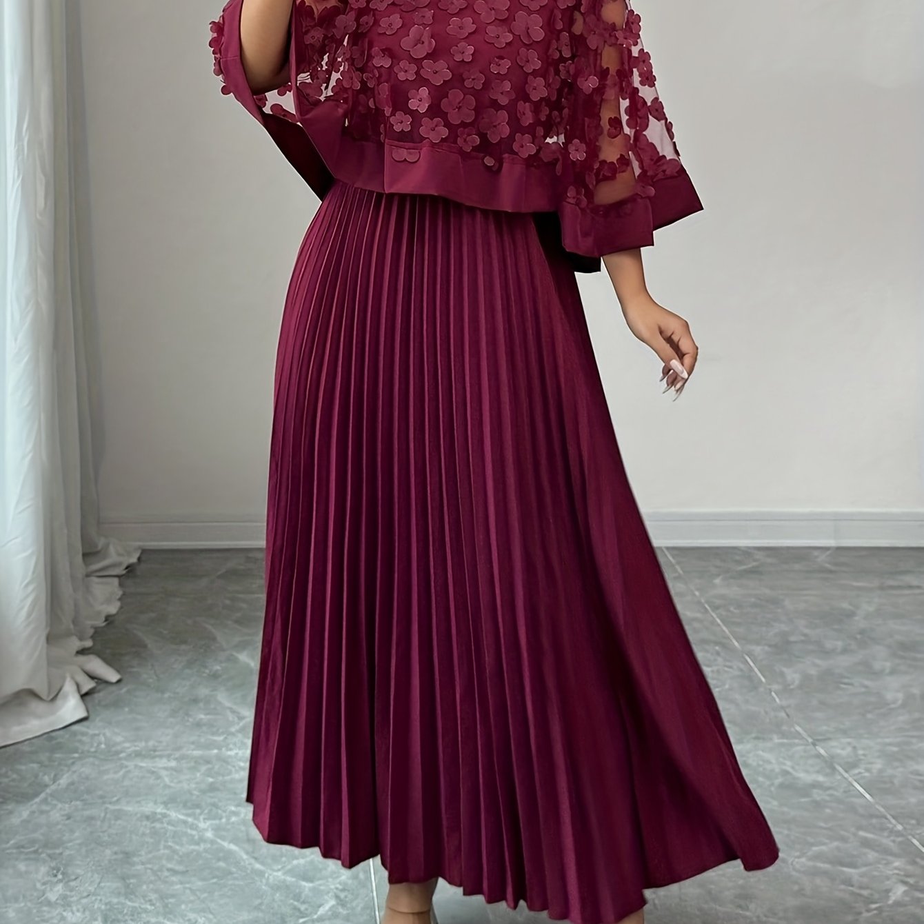 Elegant Floral Pleated Maxi Dress for Women with Round Neck Cape Sleeve Appliqué Flowing Formal Wedding Guest Style