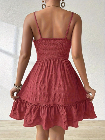 Effortless Smocked Mini Dress for Women with Square Neck Spaghetti Strap Tiered Ruffle Bohemian Style