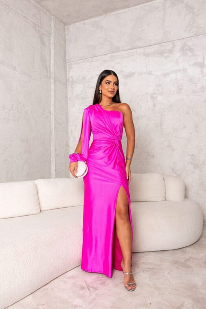 Elegant Satin Maxi Dress for Women with One Shoulder Long Sleeve Twist Front High Slit Cocktail Style