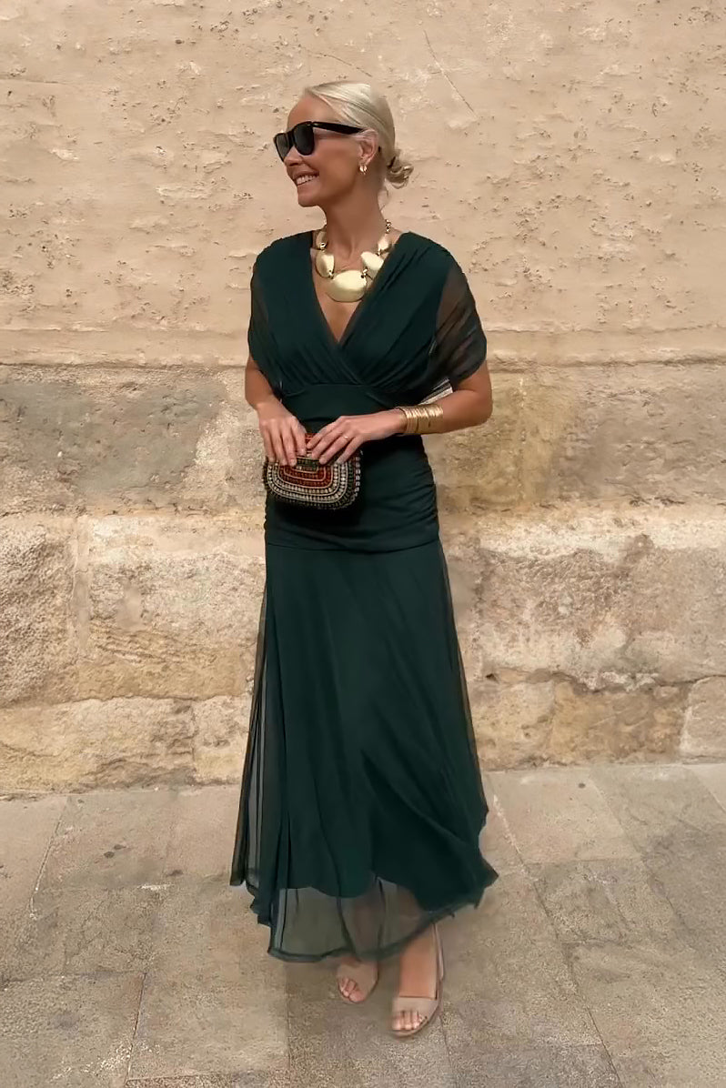 Elegant Green Maxi Dress for Women with Wrap V Neck Short Sleeve Ruched Flowing Formal Wedding Guest Style