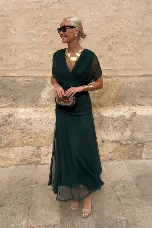 Elegant Green Maxi Dress for Women with Wrap V Neck Short Sleeve Ruched Flowing Formal Wedding Guest Style