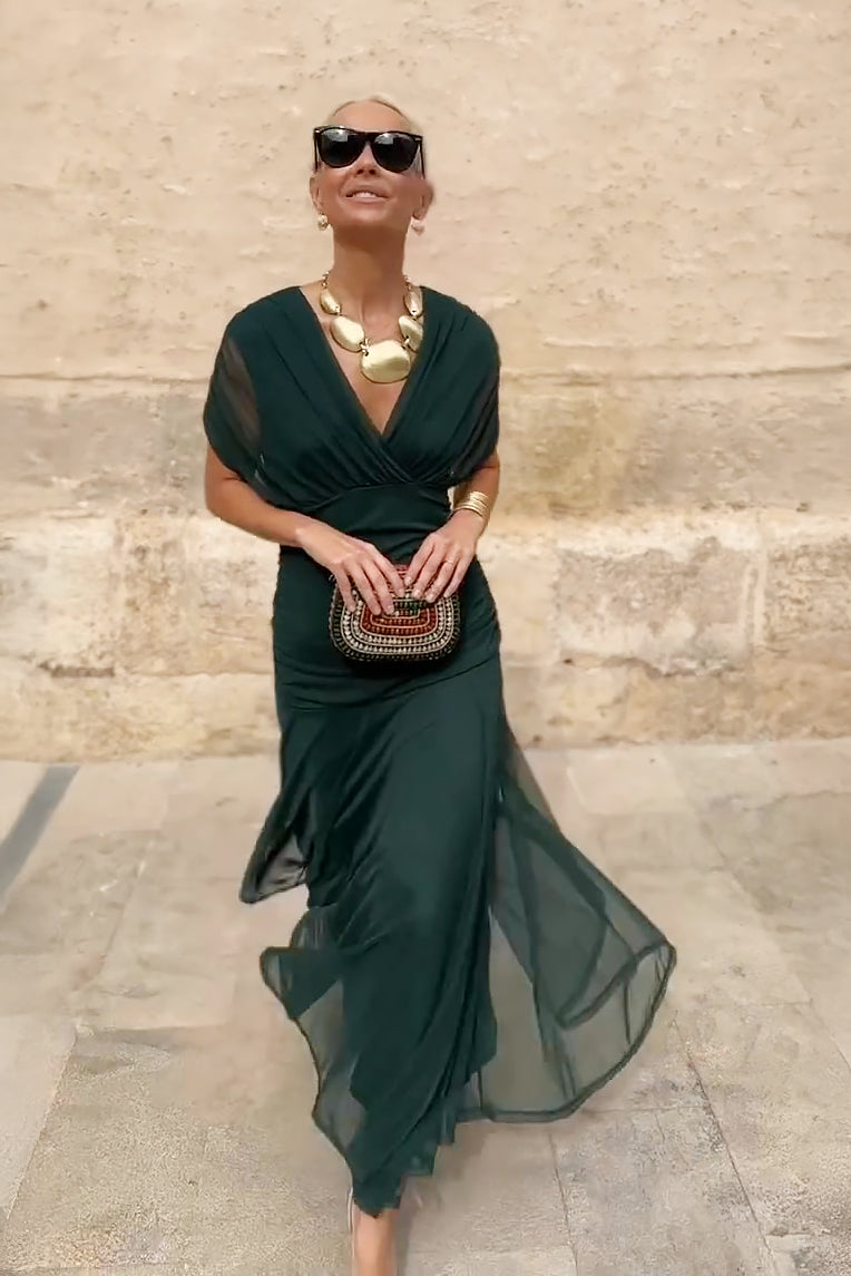 Elegant Green Maxi Dress for Women with Wrap V Neck Short Sleeve Ruched Flowing Formal Wedding Guest Style