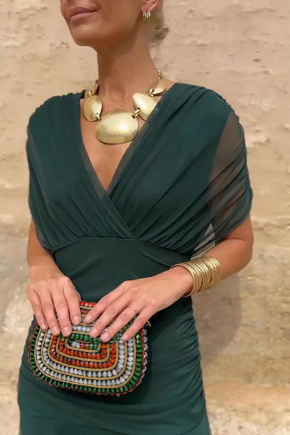 Elegant Green Maxi Dress for Women with Wrap V Neck Short Sleeve Ruched Flowing Formal Wedding Guest Style