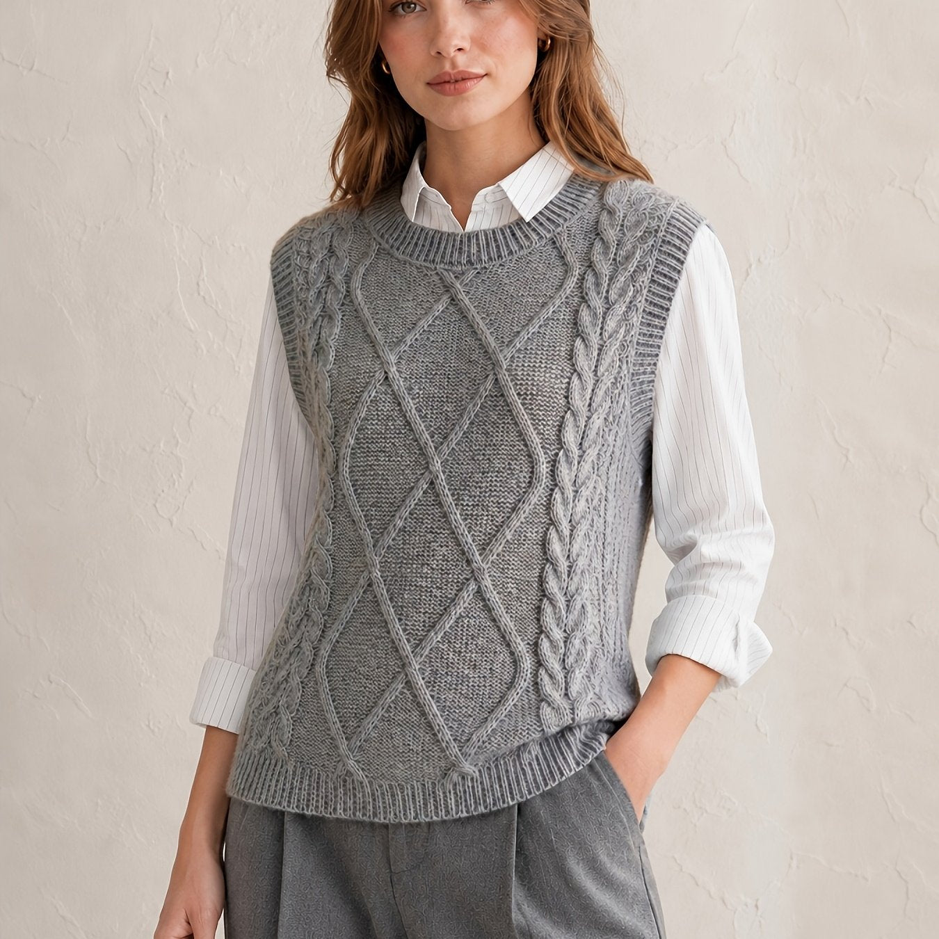 Comfortable Cable Knit Sweater Vest for Women with Crew Neck Sleeveless Relaxed Preppy Style