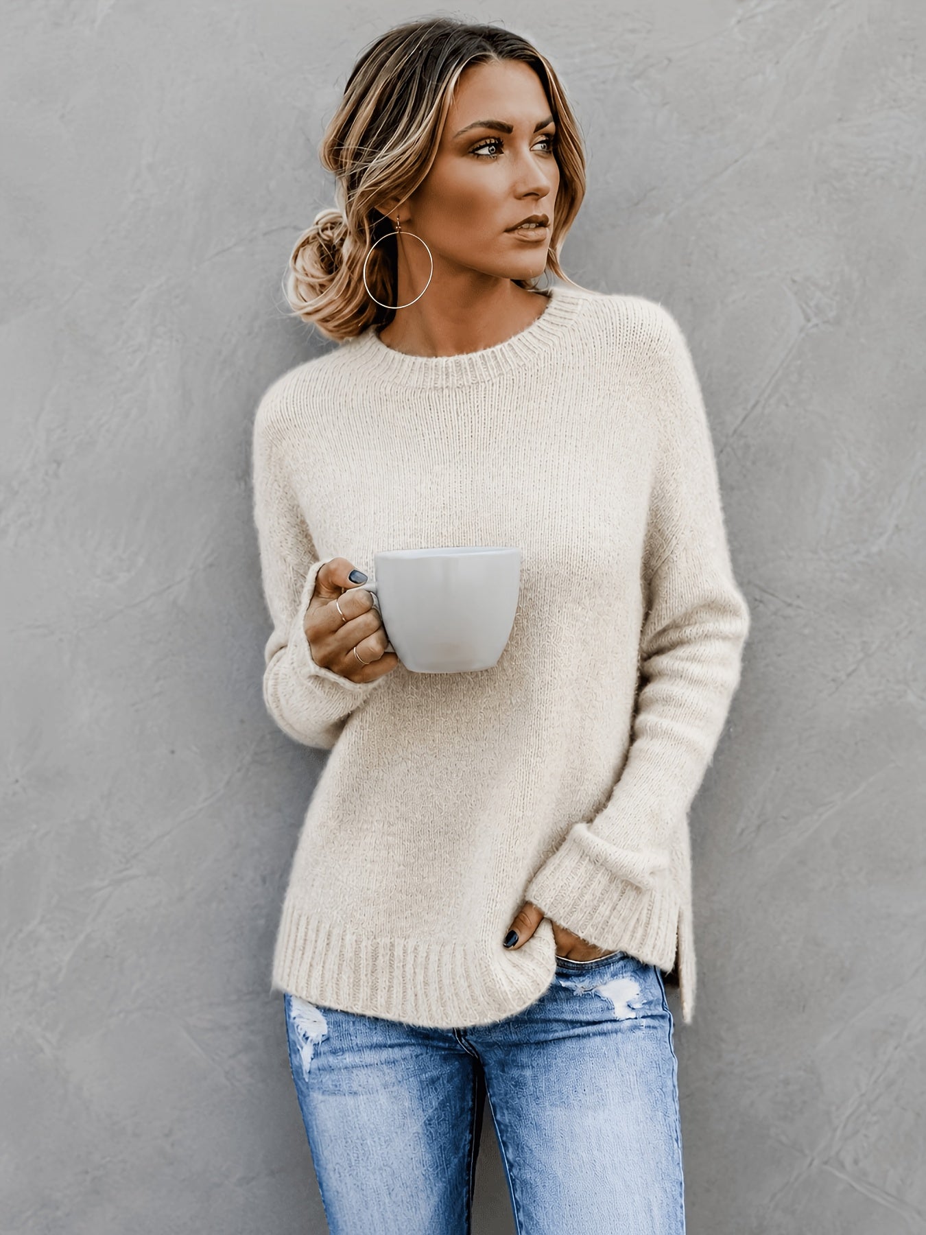 Comfortable Heathered Knit Sweater for Women with Crew Neck Long Sleeve Bell Cuff Oversized Relaxed Style
