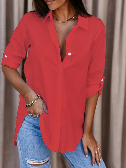 Effortless Blouse for Women with Collar Long Sleeve Roll Tab Oversized Casual Style