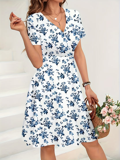 Effortless Blue Floral Midi Dress for Women with V Neck Flutter Sleeve Wrap Fit and Flare Style
