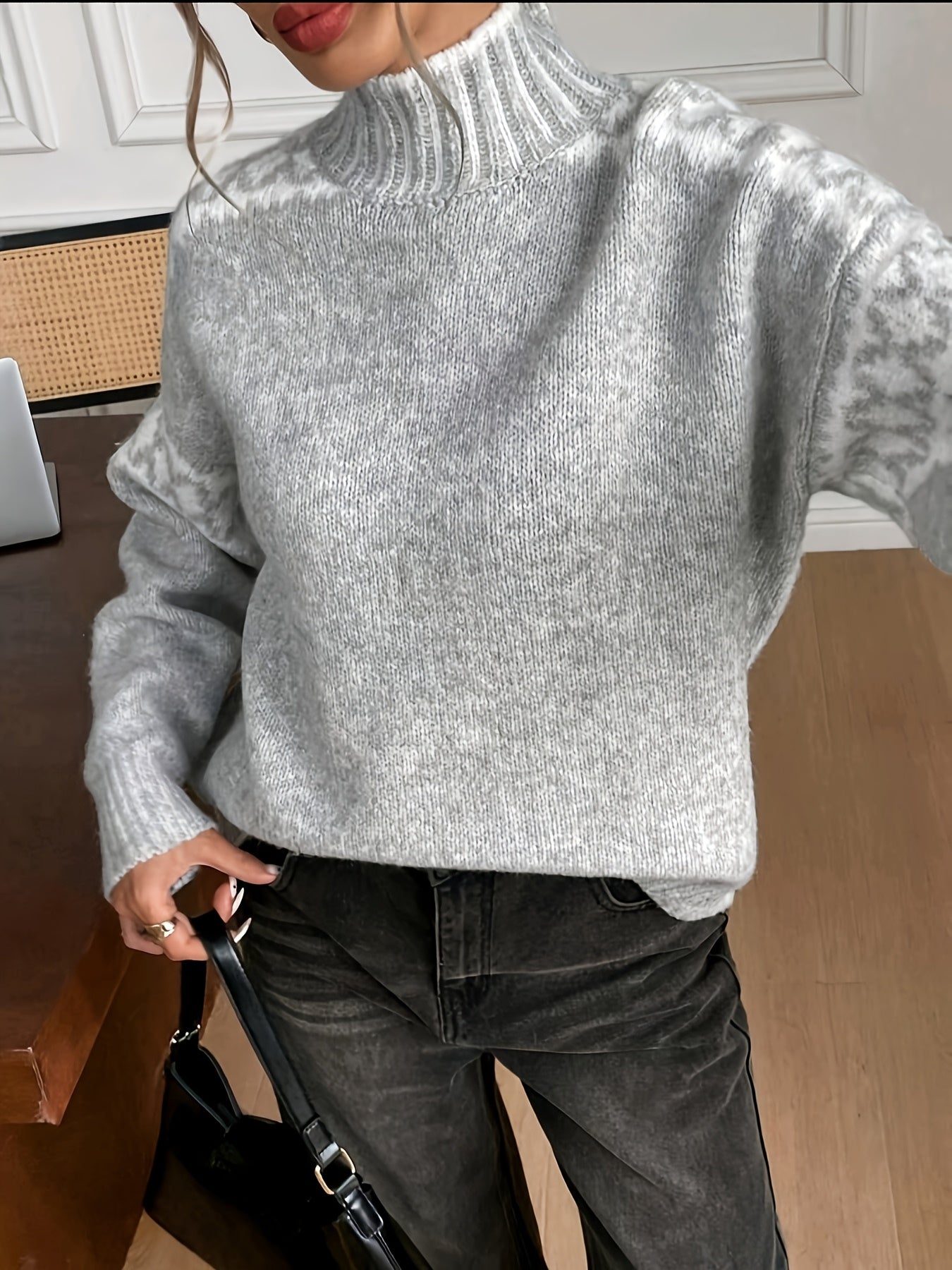 Comfortable Grey Marled Sweater for Women with High Neck Long Sleeve Relaxed Oversized Knit Style