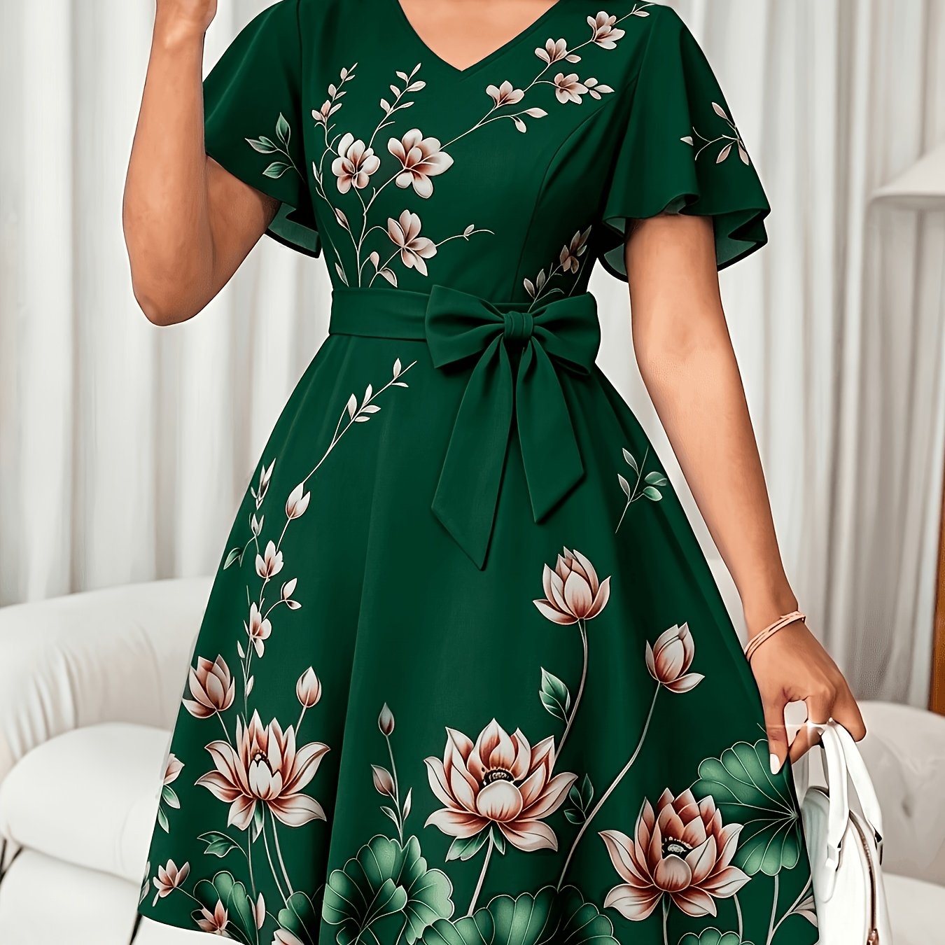 V-Neck Dress, Elegant Floral Print Short Sleeve, Waist-Cinching A-Line Midi Dress, Versatile Women's Wear for Commuting, Parties, and Daily Wear