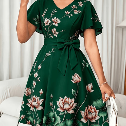 V-Neck Dress, Elegant Floral Print Short Sleeve, Waist-Cinching A-Line Midi Dress, Versatile Women's Wear for Commuting, Parties, and Daily Wear