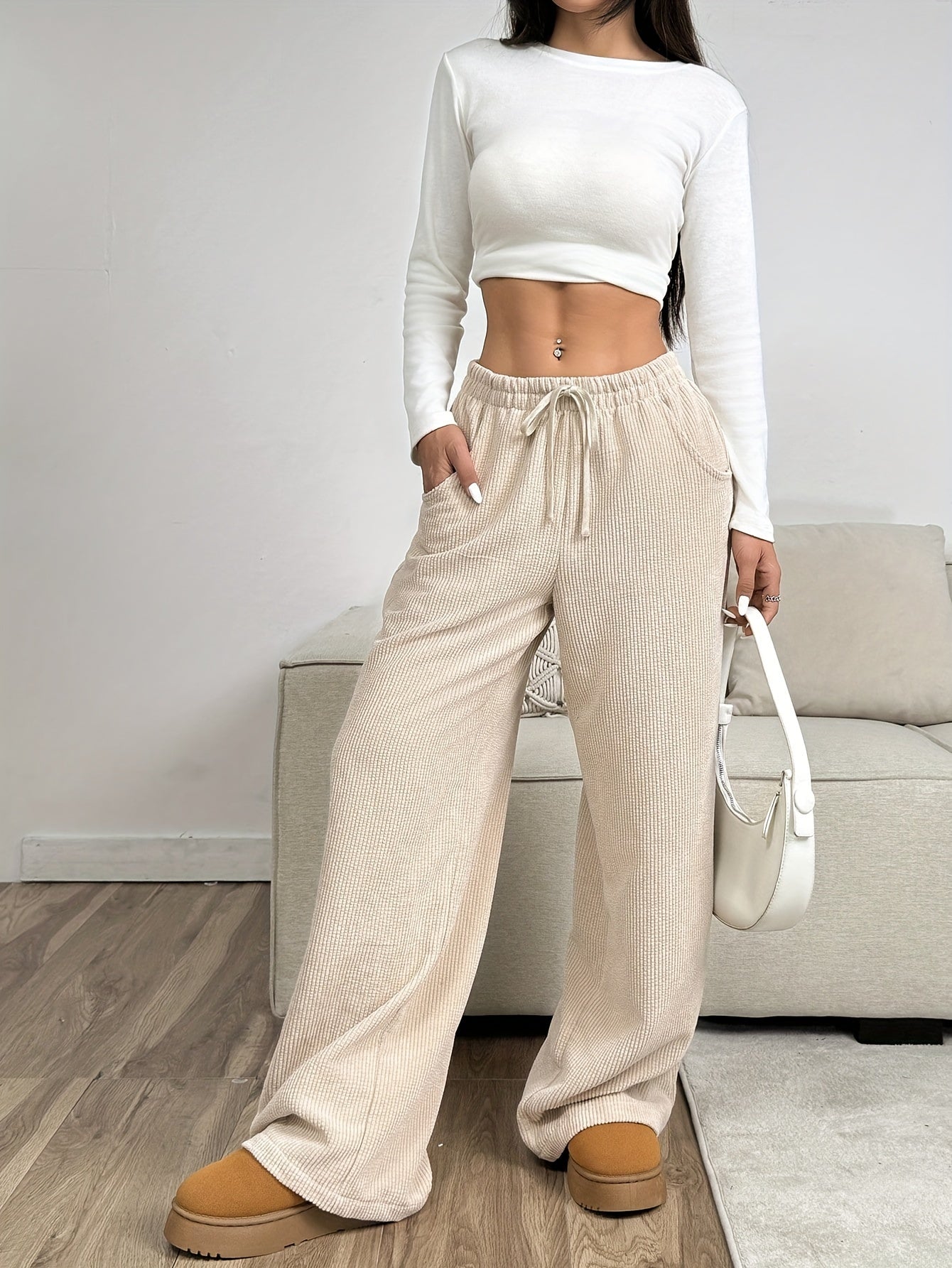 Autumn/Winter Women's Apricot Corduroy Wide-Leg Trousers