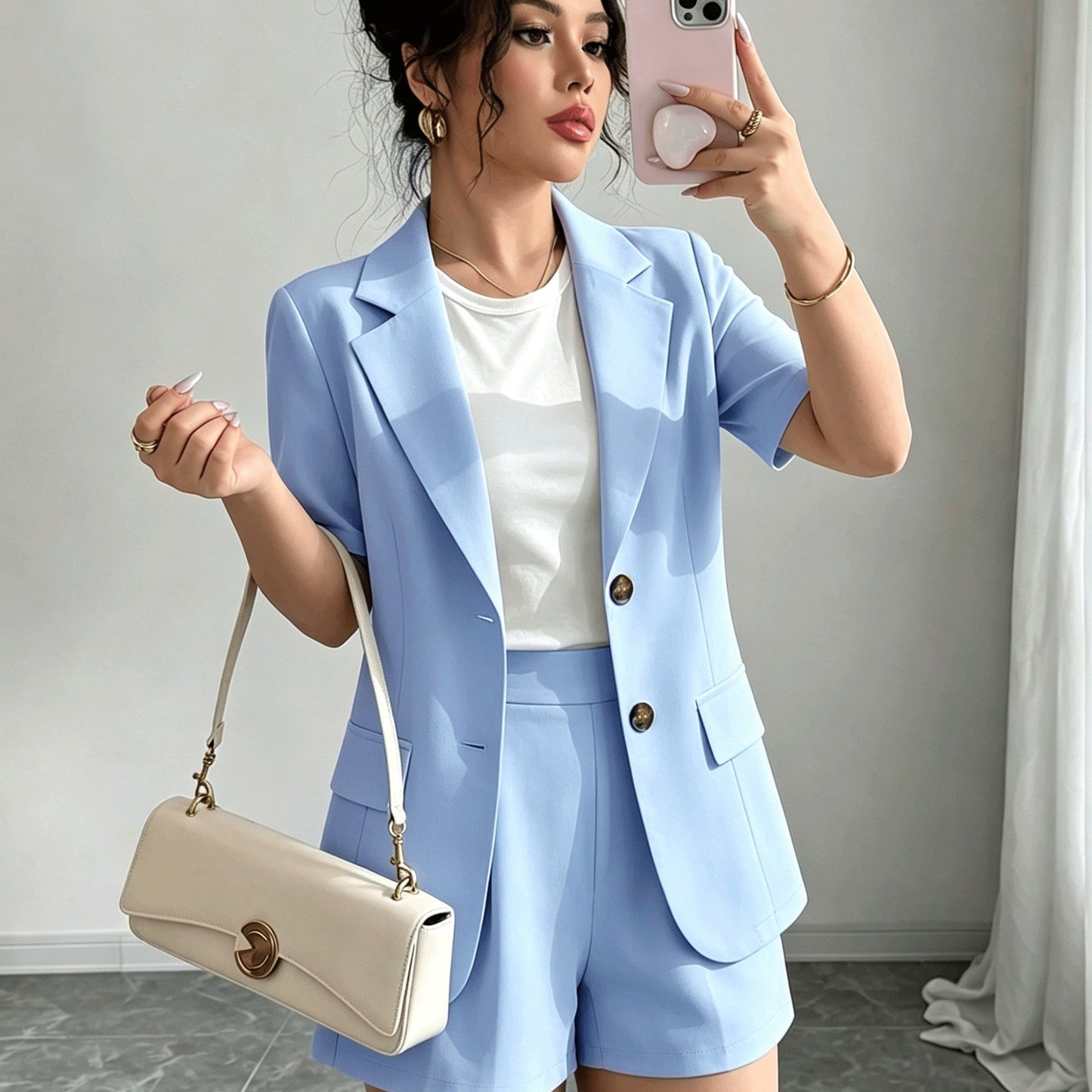 Effortless Blazer Shorts Set for Women with Lapel Collar Short Sleeve Button Front Two Piece Style